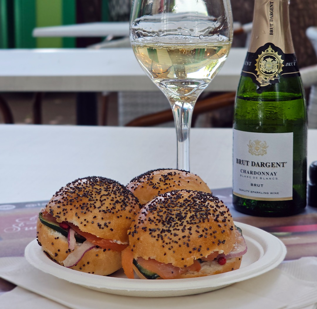 Navettes and a glass of sparkling wine on the terrace at La Sucriere, Simpson Bay