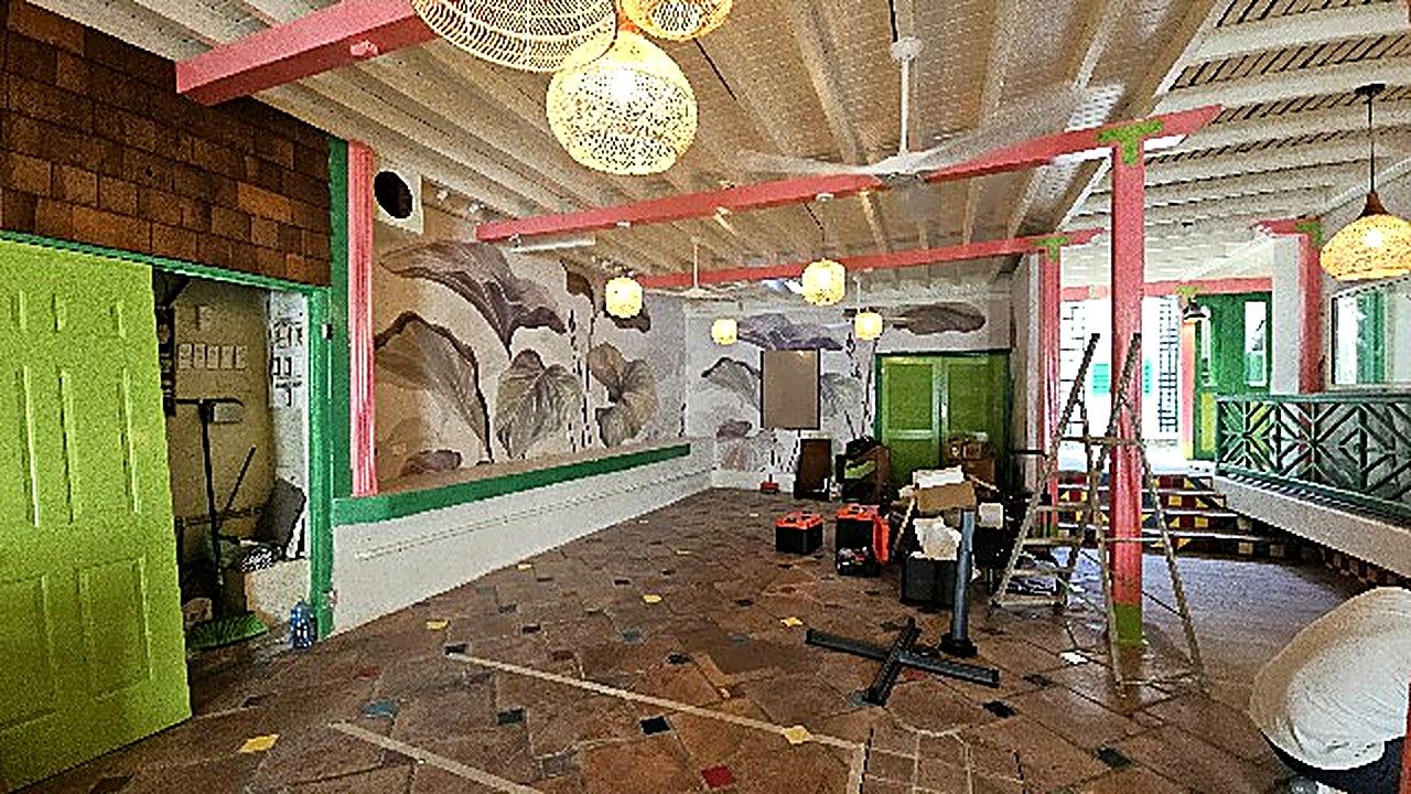 Inside a La Sucriere maison, with exposed beams and the pastry counter, Sint Maarten
