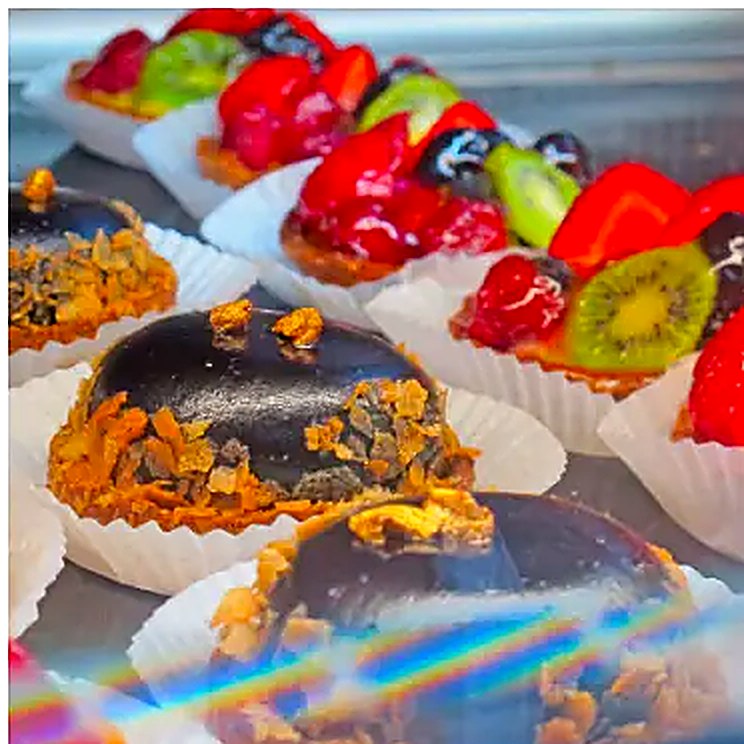 Fruit tarts and chocolate entremets in the La Sucriere pastry case, Sint Maarten